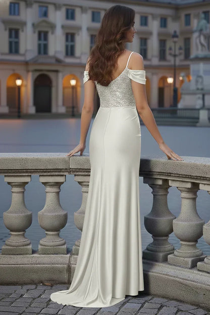V-Neck Off Shoulder Glitter Bodice Satin Mermaid Prom Dress | Sevoba