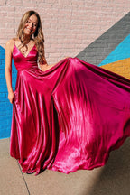 Rosie |A Line Spaghetti Straps Satin Prom Dress with Slit