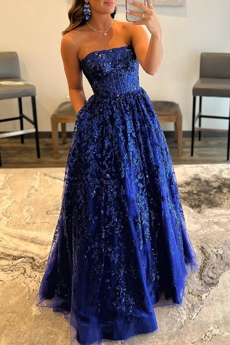 Sevoba |A-line Sequined Lace Long Prom Dress with Pockets