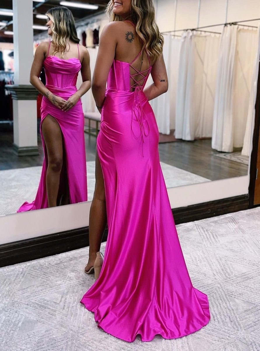 Spaghetti Straps Satin Mermaid Prom Dress with Slit