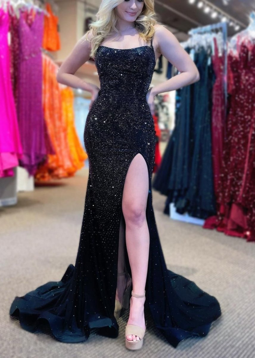 Sevoba|Mermaid Spaghettti Strap Beaded Satin Prom Dress with Slit