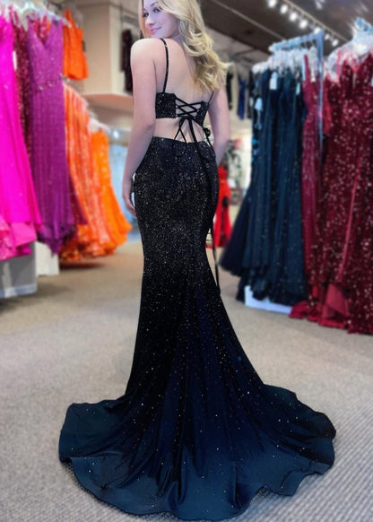 Sevoba|Mermaid Spaghettti Strap Beaded Satin Prom Dress with Slit