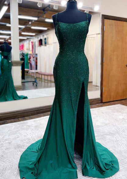 Sevoba|Mermaid Spaghettti Strap Beaded Satin Prom Dress with Slit