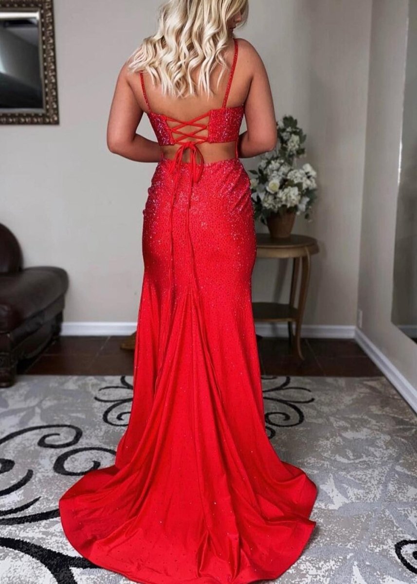 Sevoba|Mermaid Spaghettti Strap Beaded Satin Prom Dress with Slit