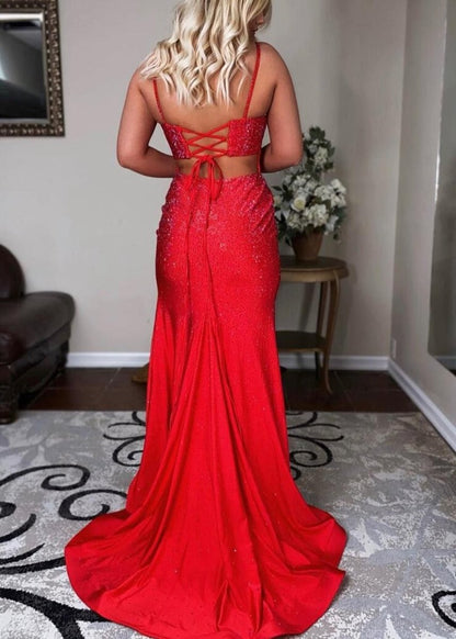 Sevoba|Mermaid Spaghettti Strap Beaded Satin Prom Dress with Slit