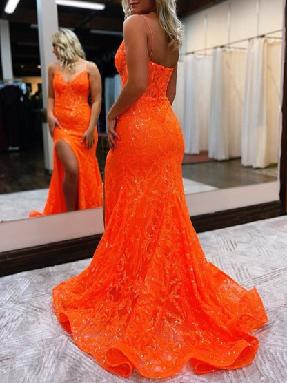 Lakelynn |Mermaid Spaghetti Straps Sequined Lace Prom Dress