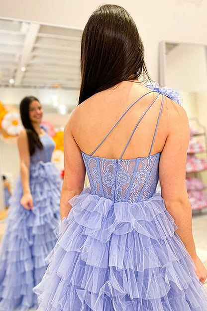 Sevoba | A Line One Shoulder Tiered Long Prom Dress