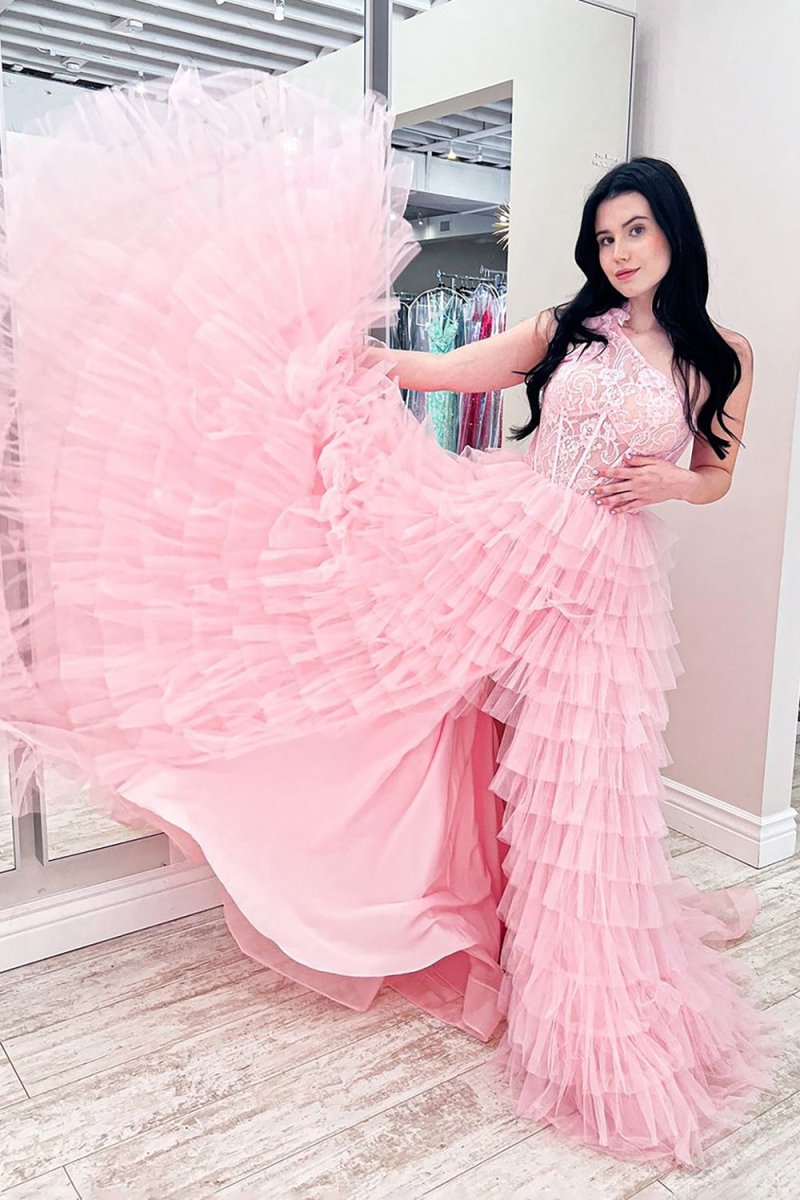 Sevoba | A Line One Shoulder Tiered Long Prom Dress