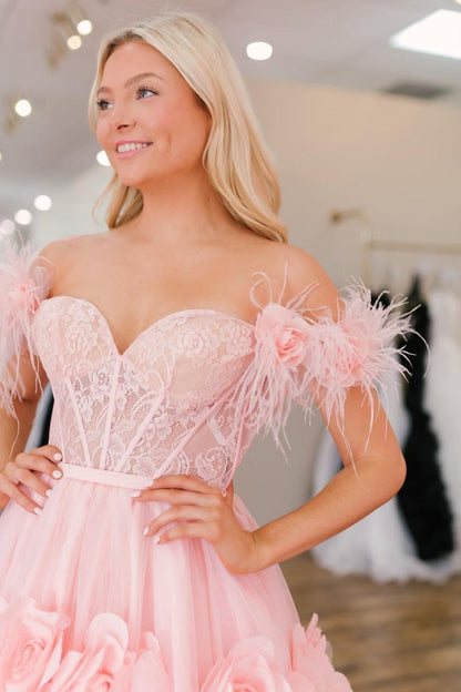 CALI |PRINCESS A-LINE OFF THE SHOULDER LACE TULLE PROM DRESS