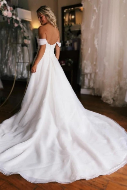 Charming A-Line White Off the shoulder High split Wedding Dress