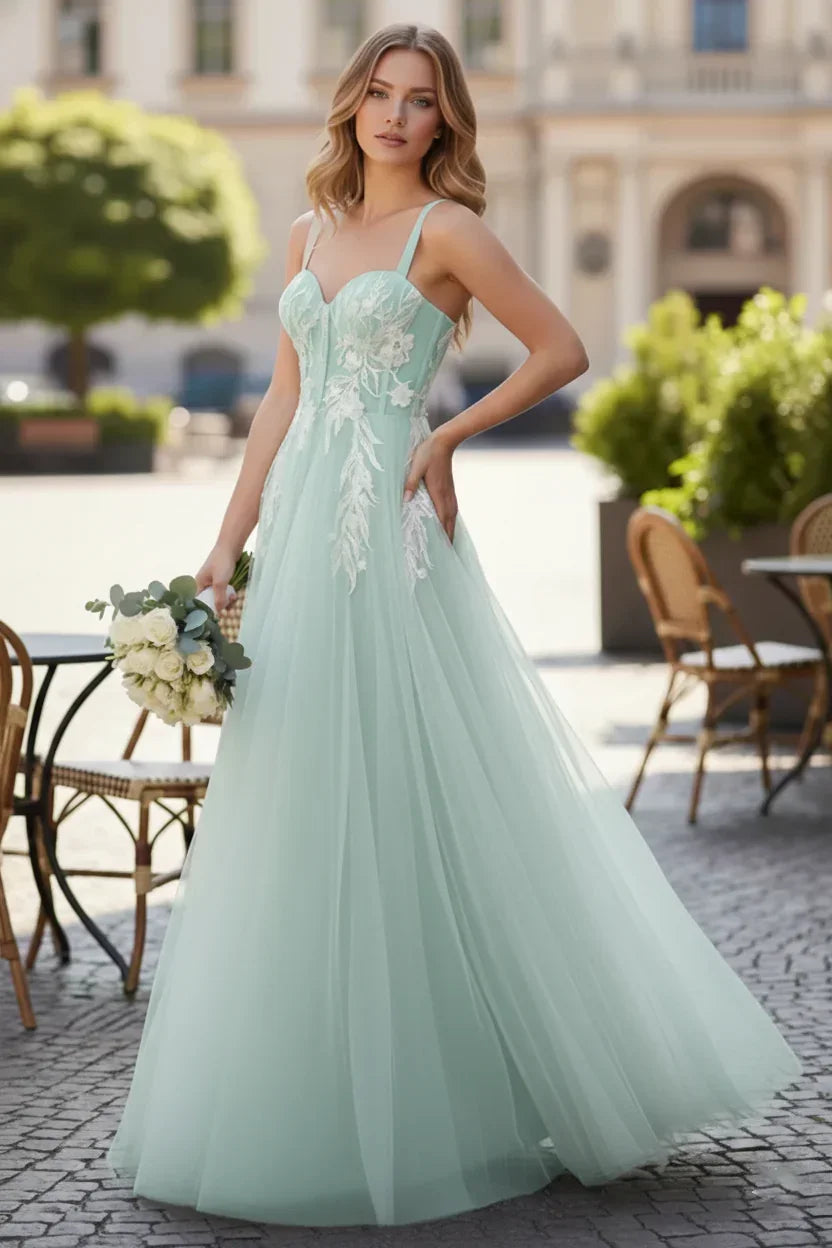 Wide Strap Floral Lace Corset Tulle A-Line Prom Dress | Sevoba
