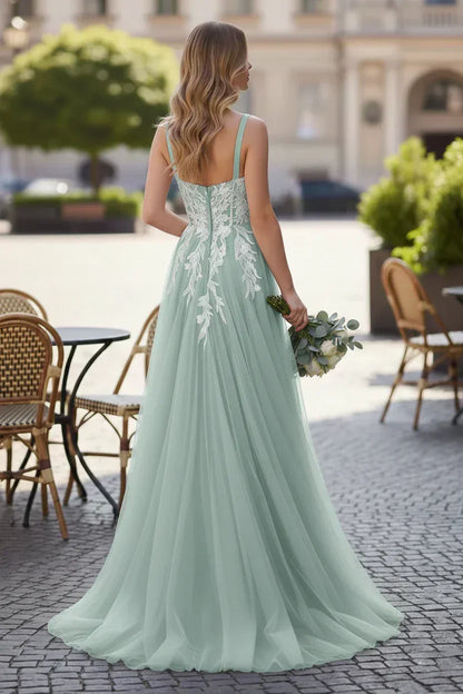 Wide Strap Floral Lace Corset Tulle A-Line Prom Dress | Sevoba