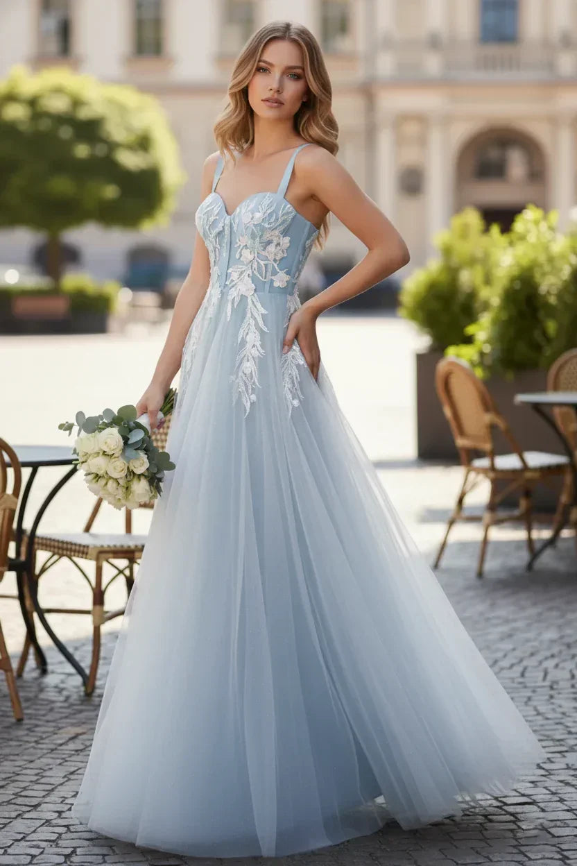 Wide Strap Floral Lace Corset Tulle A-Line Prom Dress | Sevoba