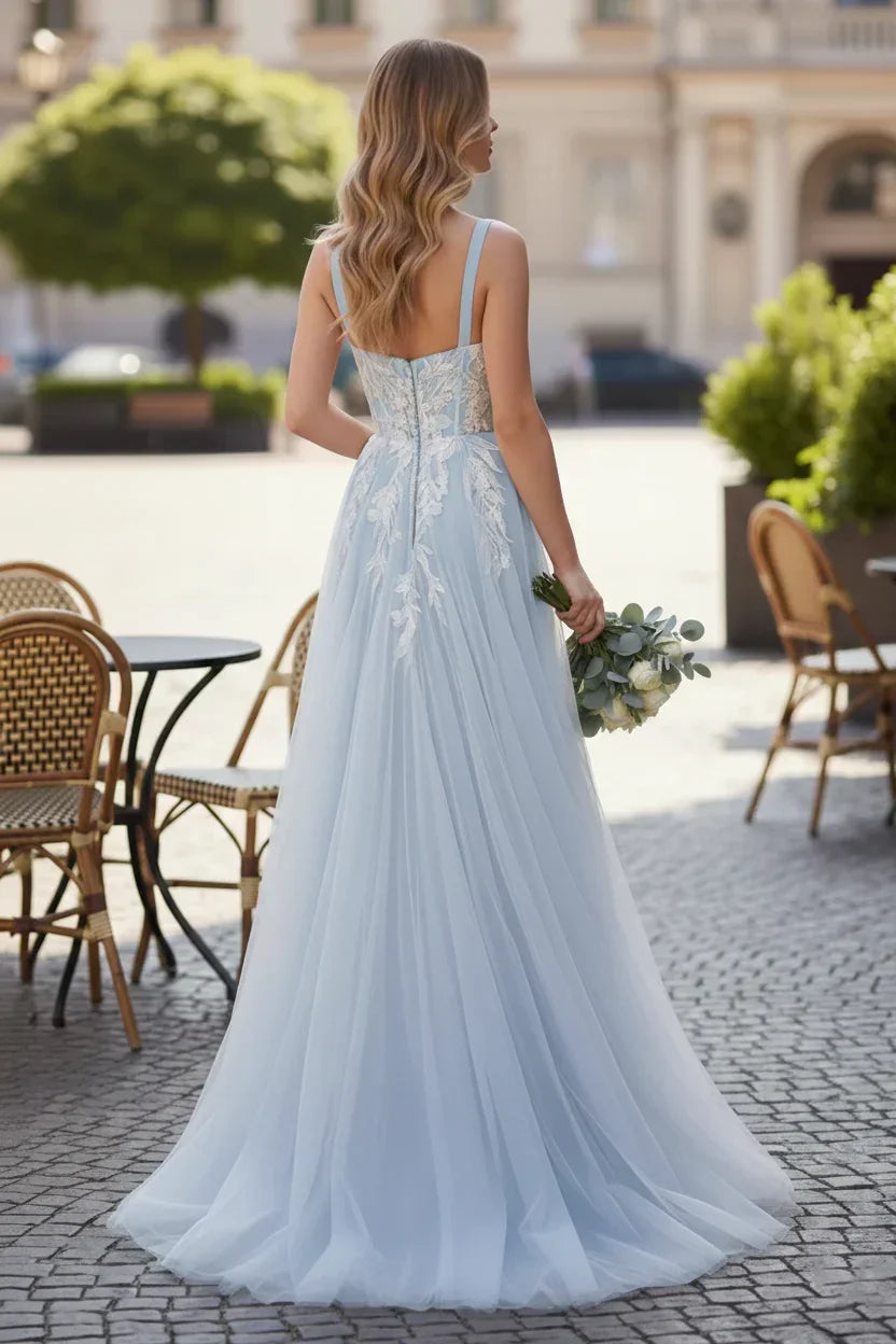 Wide Strap Floral Lace Corset Tulle A-Line Prom Dress | Sevoba
