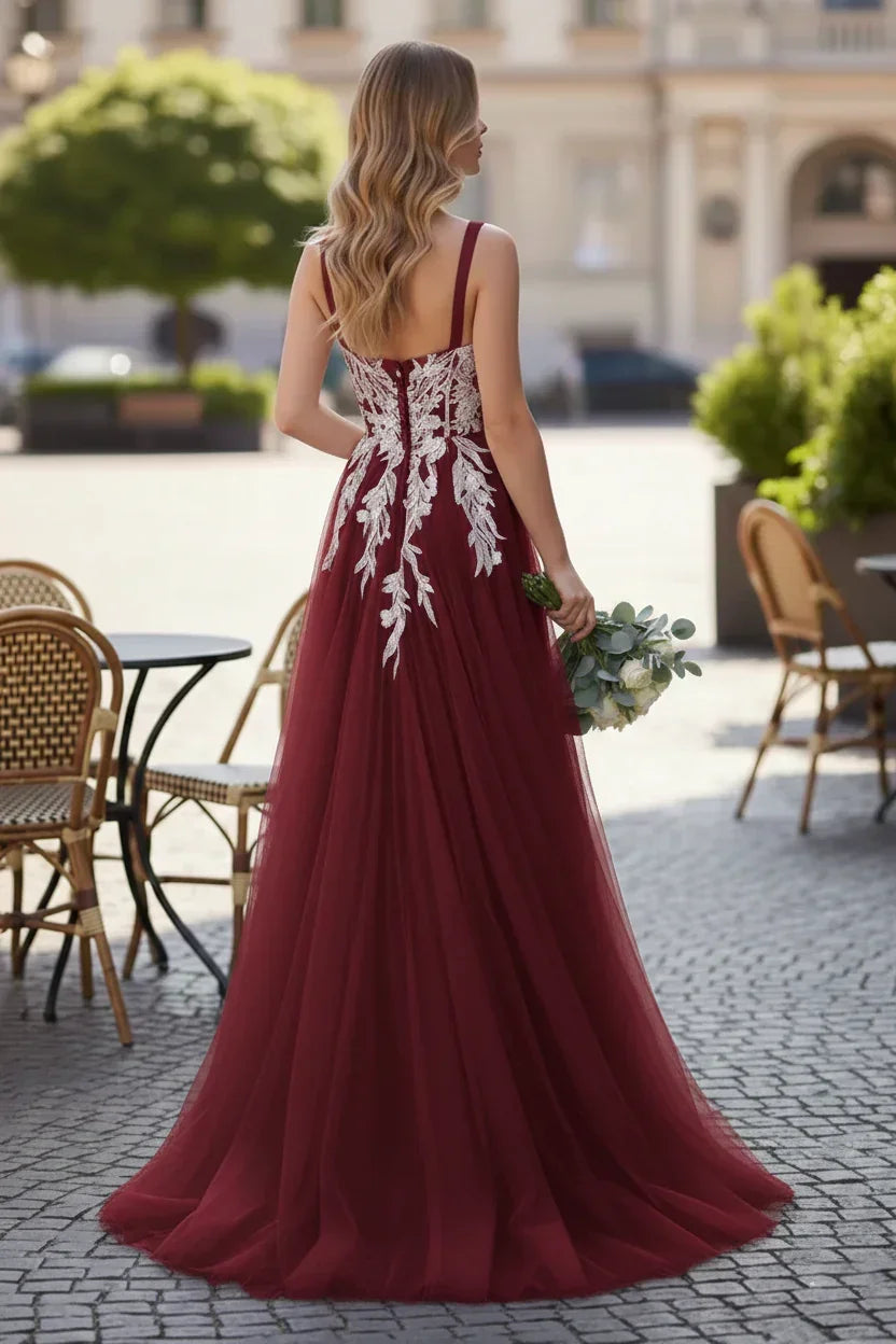 Wide Strap Floral Lace Corset Tulle A-Line Prom Dress | Sevoba