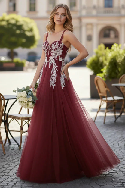 Wide Strap Floral Lace Corset Tulle A-Line Prom Dress | Sevoba