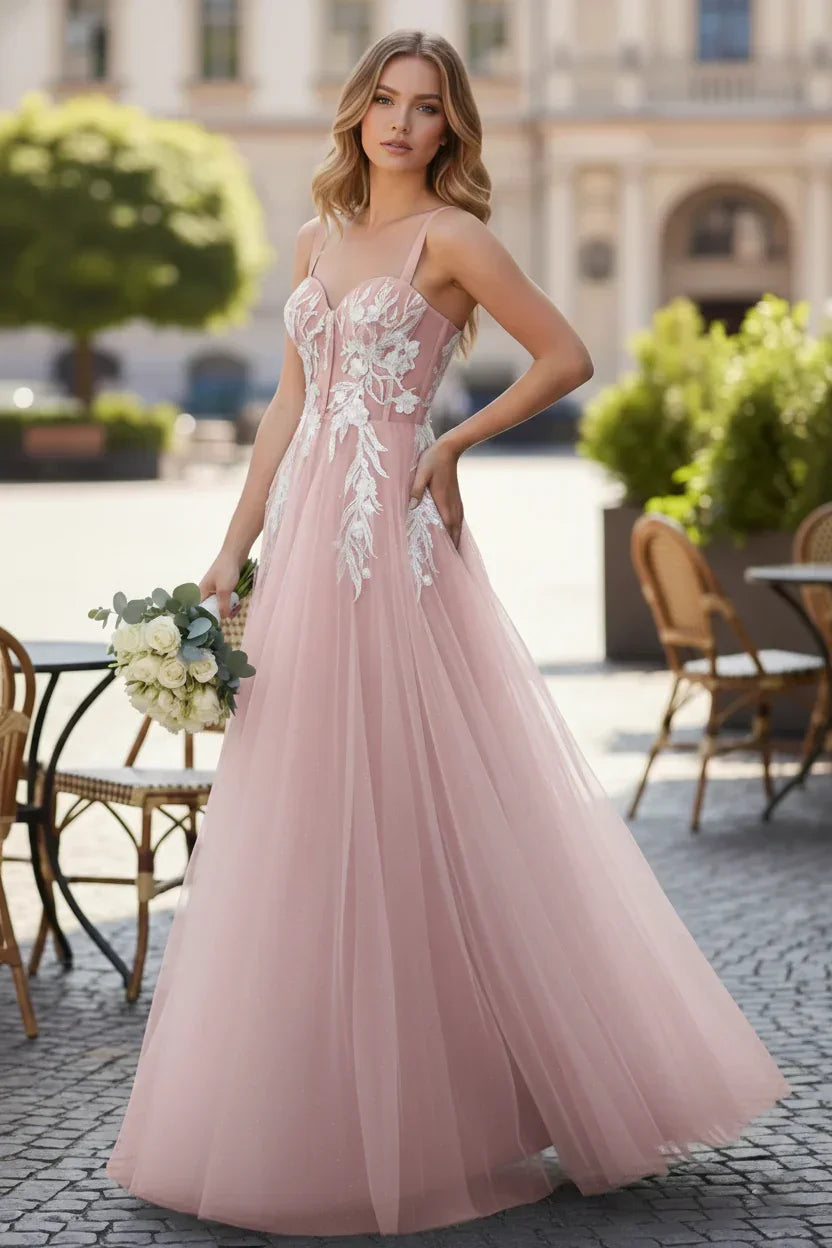 Wide Strap Floral Lace Corset Tulle A-Line Prom Dress | Sevoba