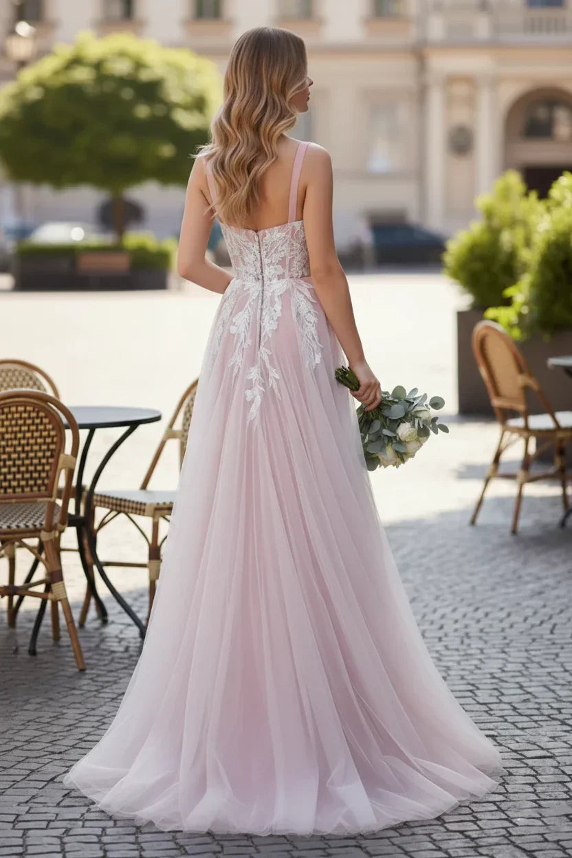 Wide Strap Floral Lace Corset Tulle A-Line Prom Dress | Sevoba