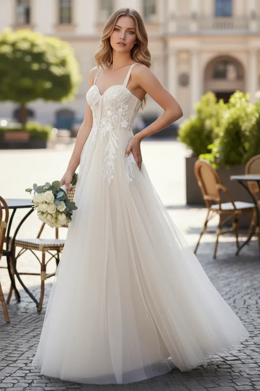 Wide Strap Floral Lace Corset Tulle A-Line Prom Dress | Sevoba