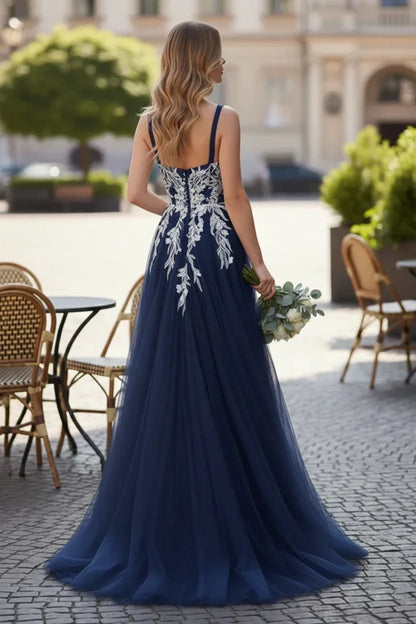 Wide Strap Floral Lace Corset Tulle A-Line Prom Dress | Sevoba