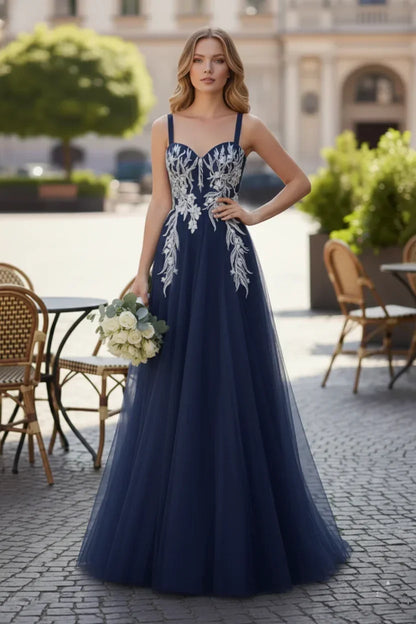Wide Strap Floral Lace Corset Tulle A-Line Prom Dress | Sevoba
