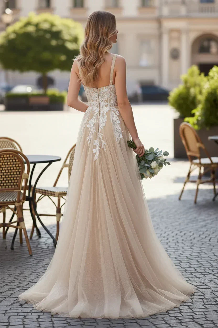 Wide Strap Floral Lace Corset Tulle A-Line Prom Dress | Sevoba