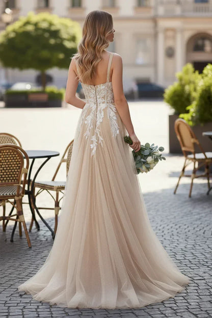 Wide Strap Floral Lace Corset Tulle A-Line Prom Dress | Sevoba