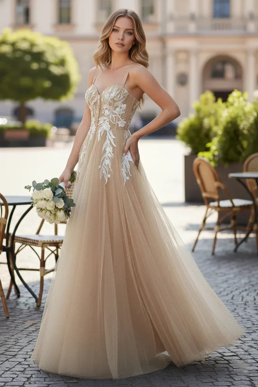 Wide Strap Floral Lace Corset Tulle A-Line Prom Dress | Sevoba