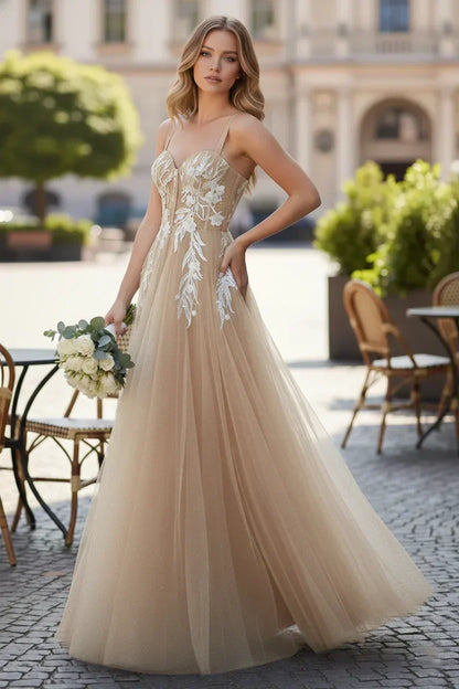 Wide Strap Floral Lace Corset Tulle A-Line Prom Dress | Sevoba