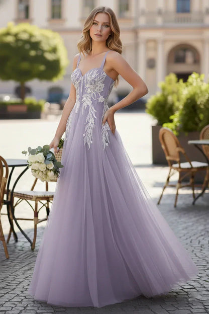 Wide Strap Floral Lace Corset Tulle A-Line Prom Dress | Sevoba