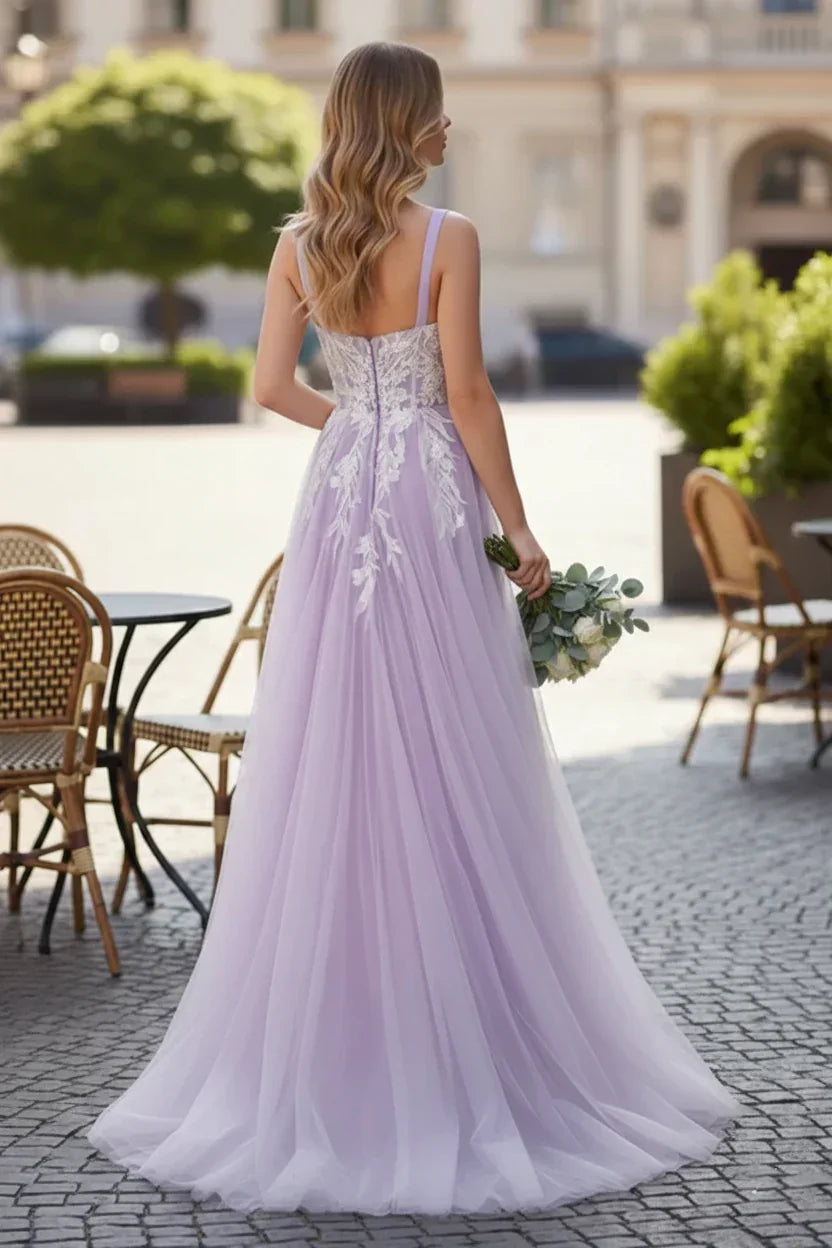 Wide Strap Floral Lace Corset Tulle A-Line Prom Dress | Sevoba