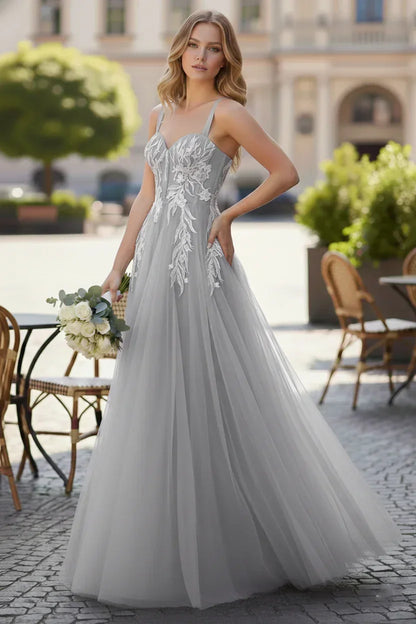 Wide Strap Floral Lace Corset Tulle A-Line Prom Dress | Sevoba