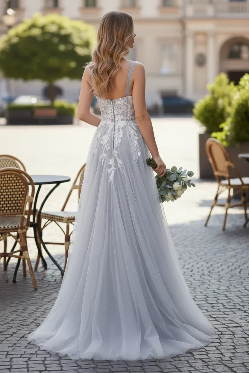 Wide Strap Floral Lace Corset Tulle A-Line Prom Dress | Sevoba