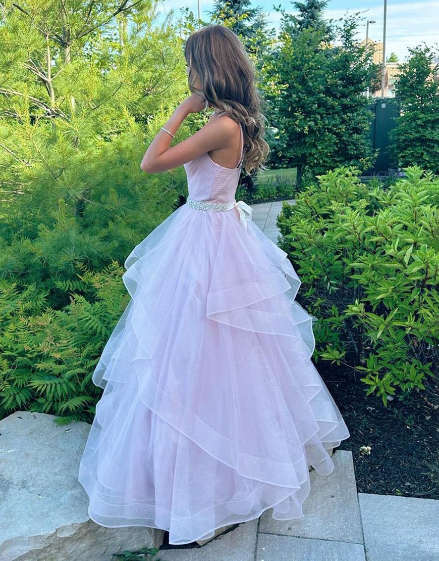 Salem |A-Line V-Neck Ruffled Tulle Prom Dress With Belt