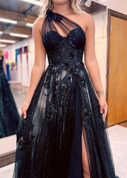A Line One Shoulder Black Long Prom Dress with Appliques