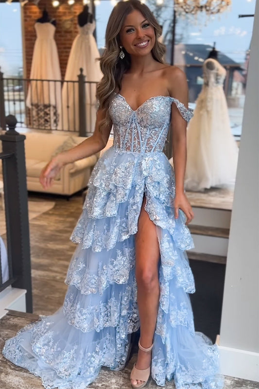 Sevoba|Princess A Line Off the Shoulder Corset Prom Dress with Lace Ruffles