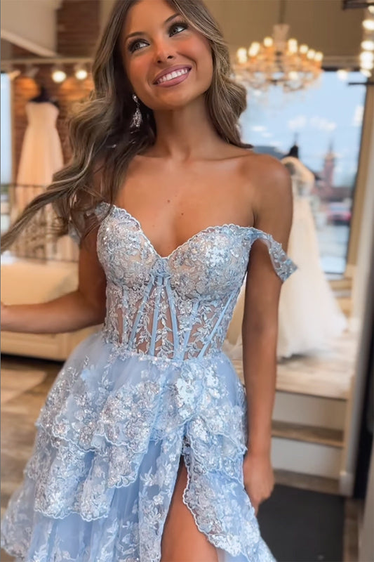 Sevoba|Princess A Line Off the Shoulder Corset Prom Dress with Lace Ruffles