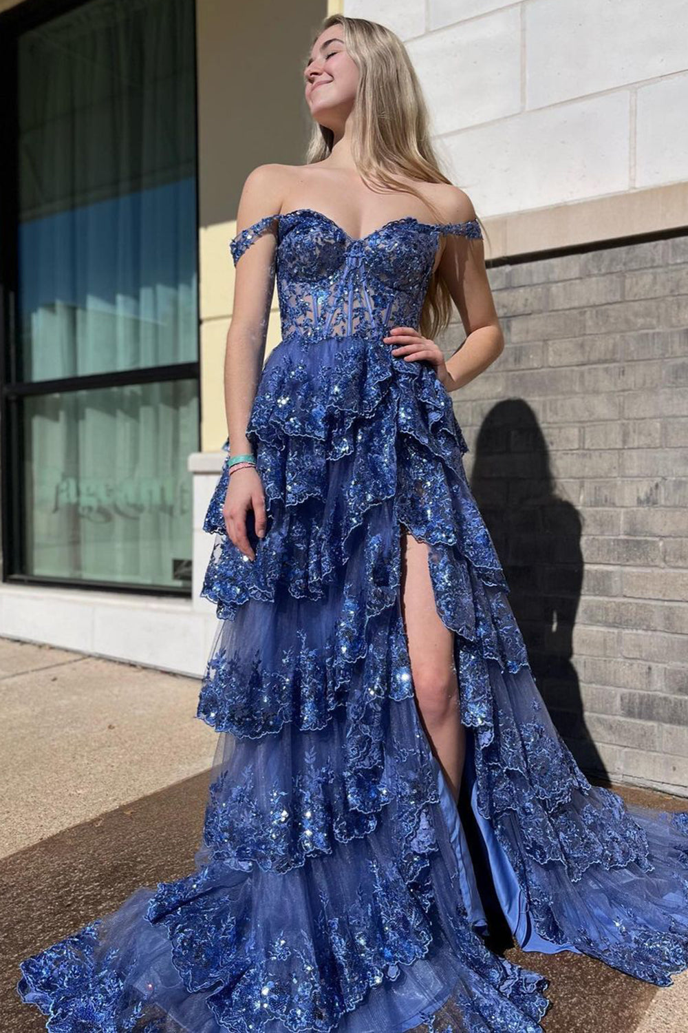 Sevoba|Princess A Line Off the Shoulder Corset Prom Dress with Lace Ruffles