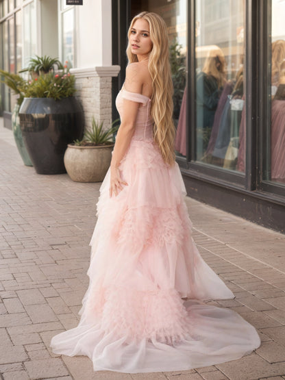 Zariah | Blush Princess A line Off Shoulder Ruffled Tulle Prom Dress