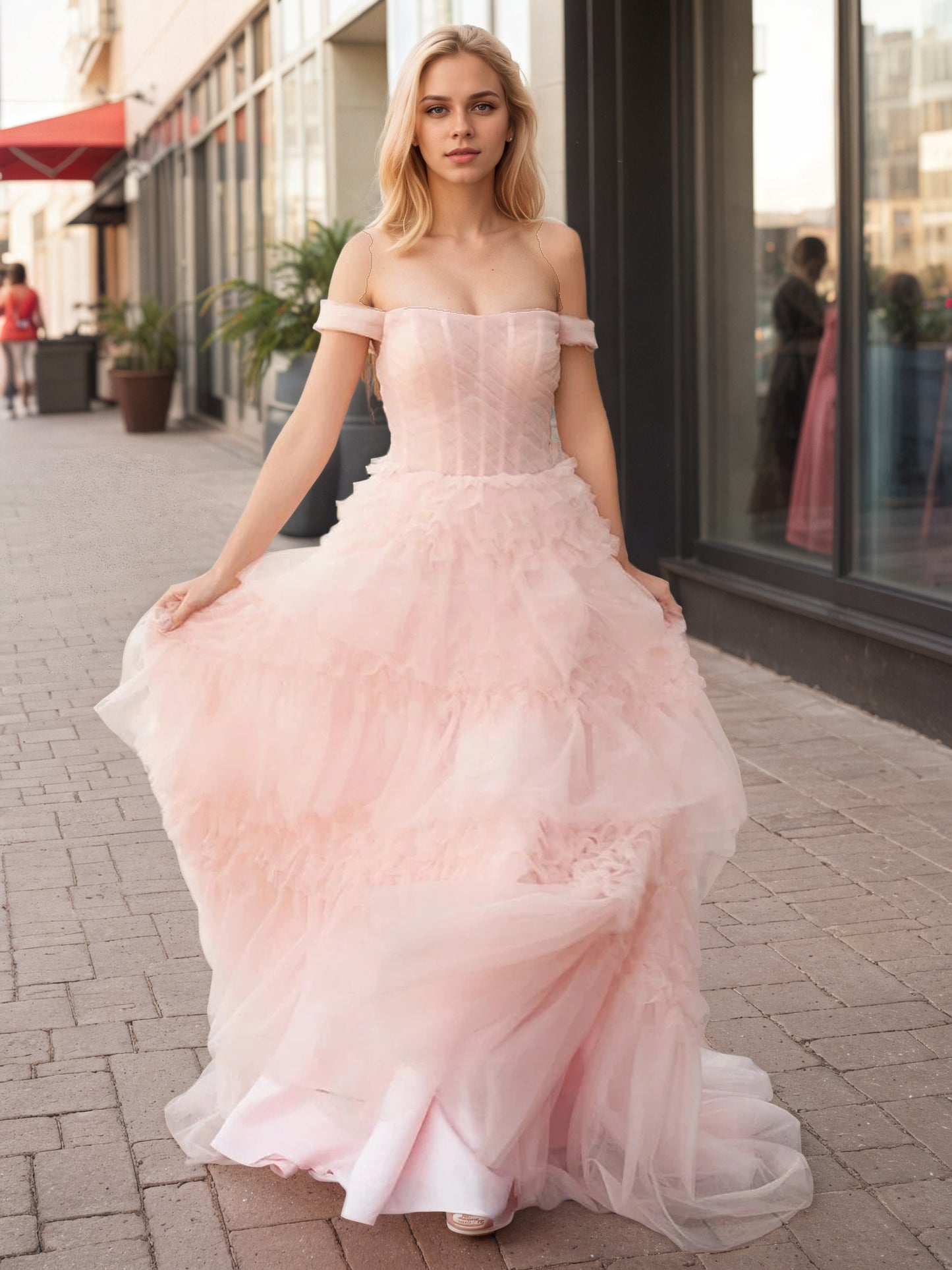 Zariah | Blush Princess A line Off Shoulder Ruffled Tulle Prom Dress