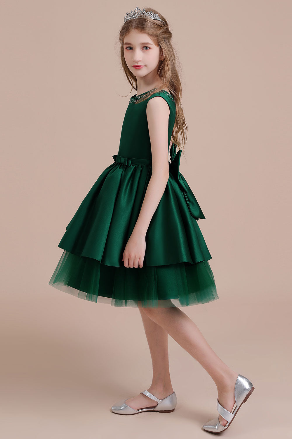 A-Line Bow Beading Satin Tulle Flower Girl Dress On Sale