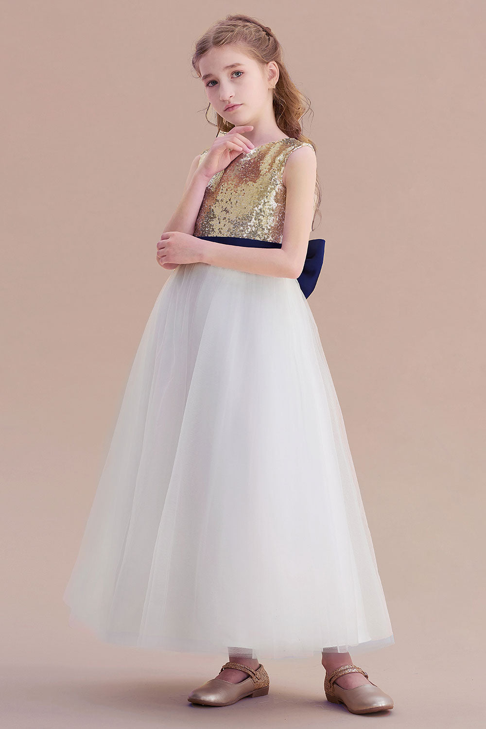 A-Line Bow Sequins Ankle Length Flower Girl Dress