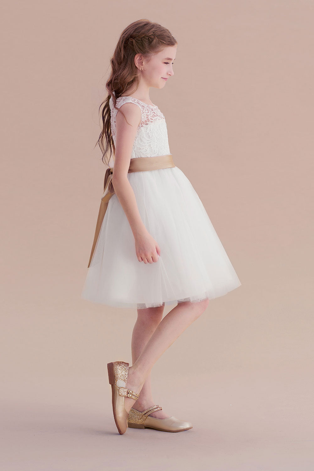 A-Line Bow Tulle Lace Knee Length Flower Girl Dress