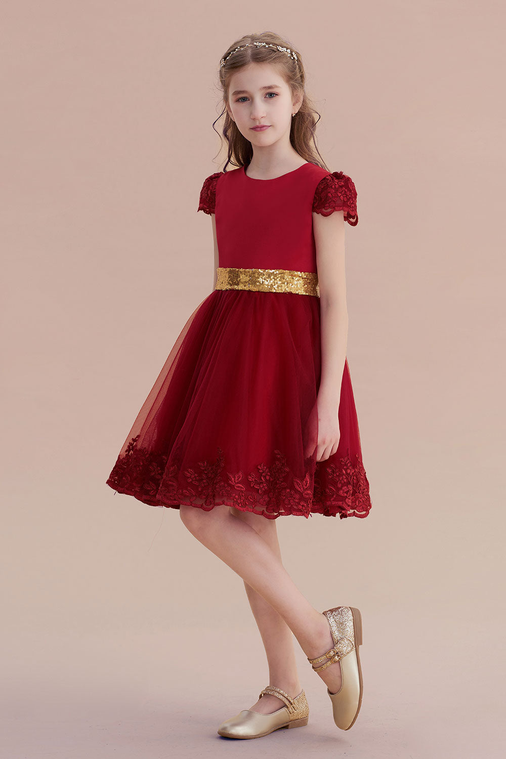 A-Line Cap Sleeve Bow Knee Length Flower Girl Dress