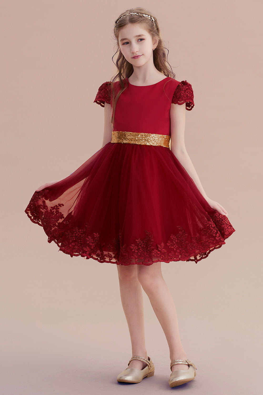 A-Line Cap Sleeve Bow Knee Length Flower Girl Dress