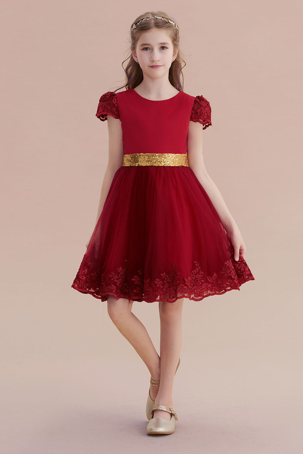 A-Line Cap Sleeve Bow Knee Length Flower Girl Dress