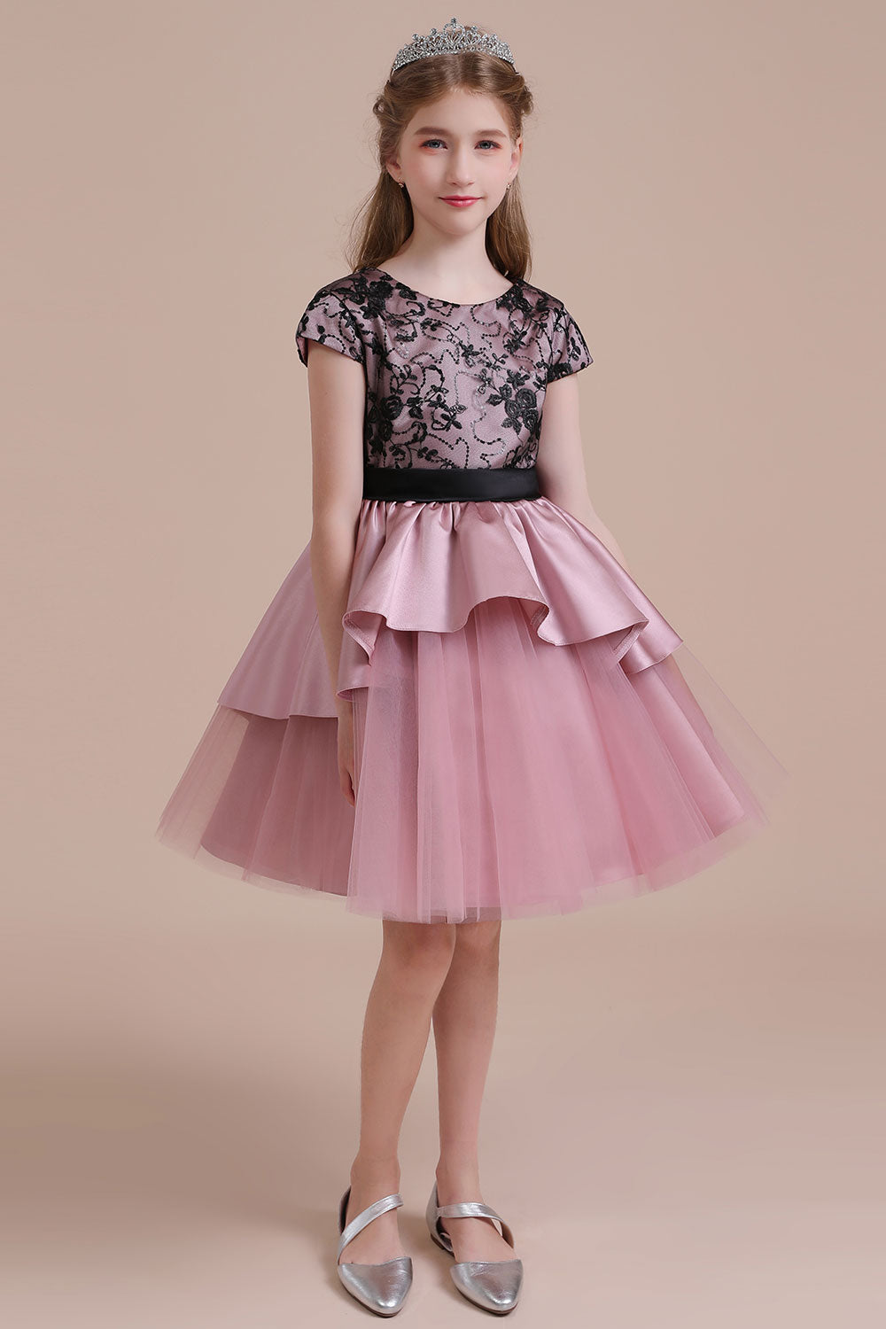 A-Line Cap Sleeve Lace Tulle Knee Length Flower Girl Dress On Sale