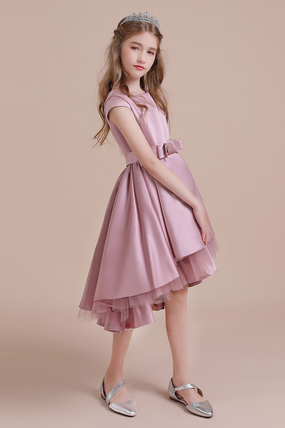 A-Line Cap Sleeve Satin High-low Flower Girl Dress