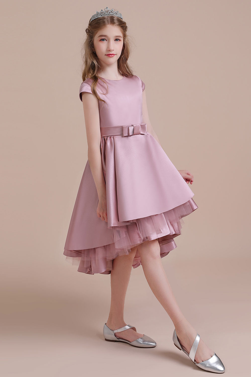 A-Line Cap Sleeve Satin High-low Flower Girl Dress