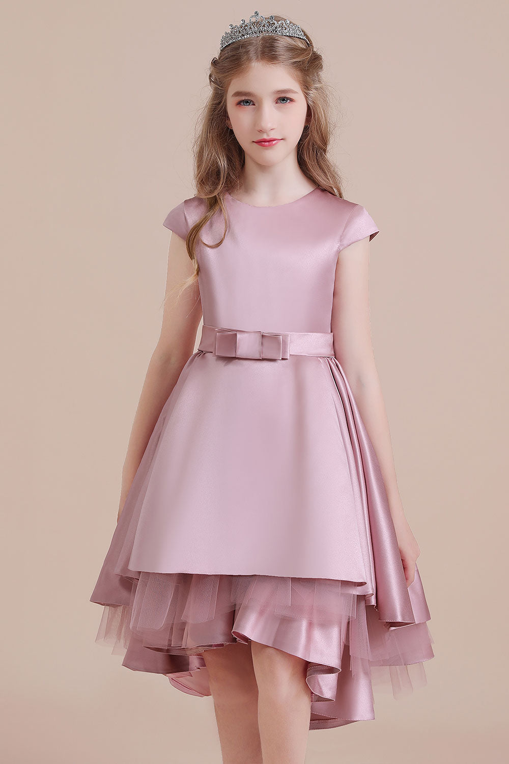 A-Line Cap Sleeve Satin High-low Flower Girl Dress